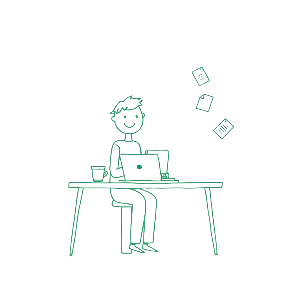 Sketch of a person writing a resume at a desk